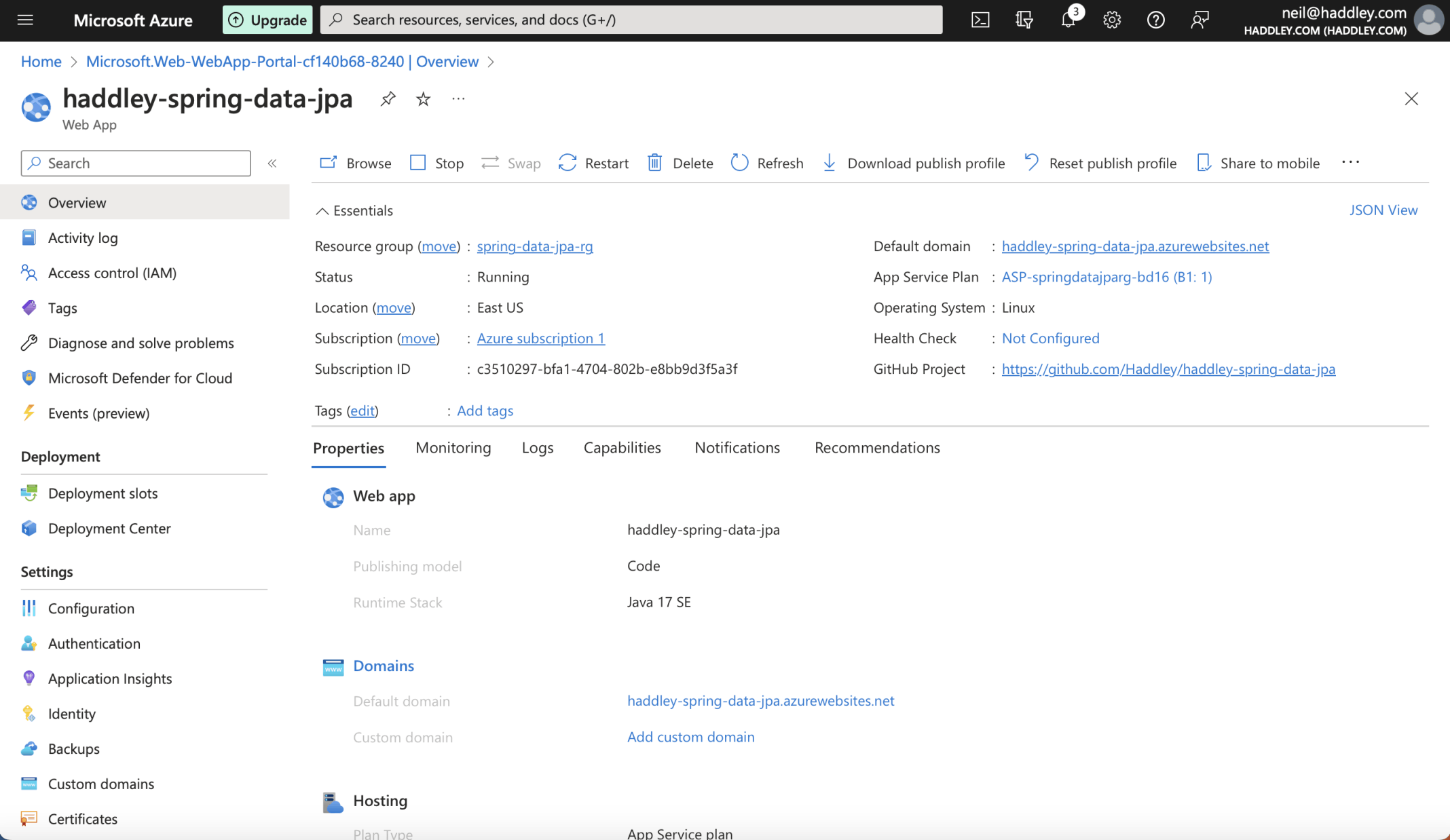 The haddley-spring-data-jpa application hosted in Azure
