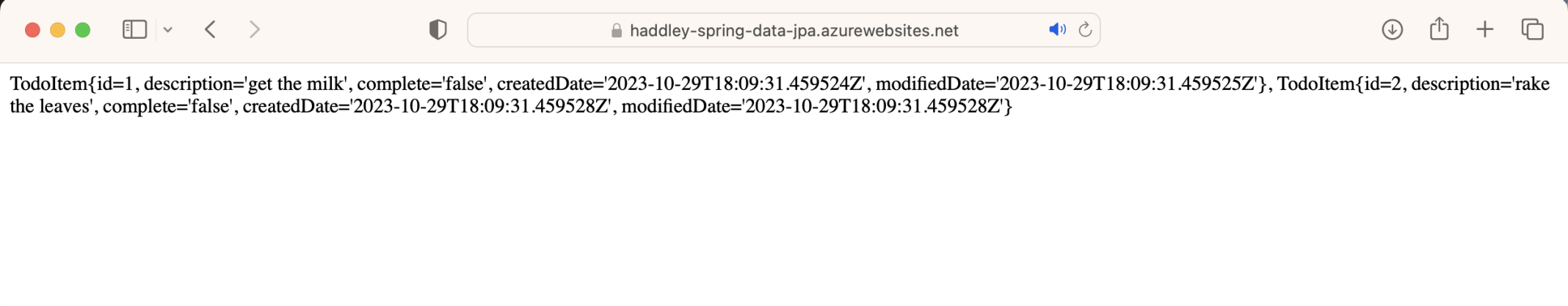 Accessing the haddley-spring-data-jpa application hosted in Azure