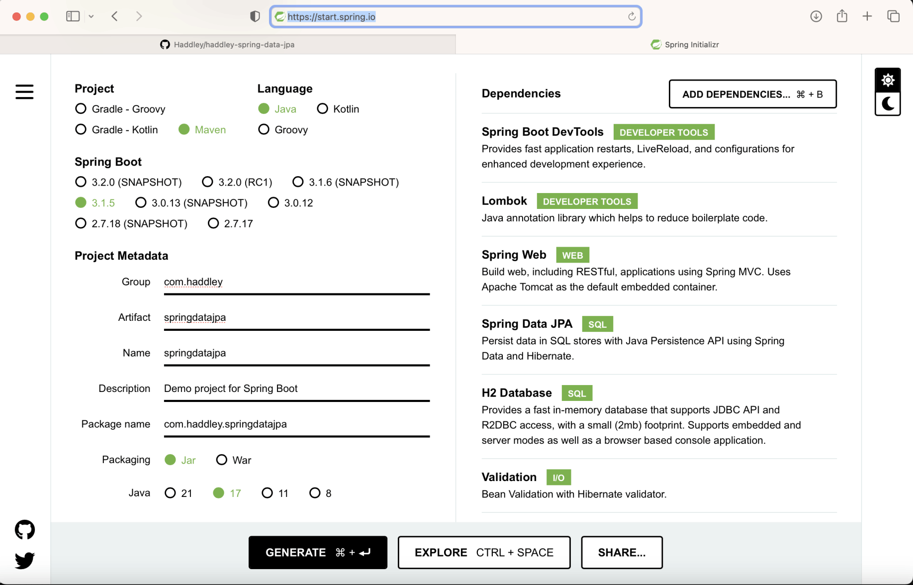 I created a new spring boot application springdatajpa