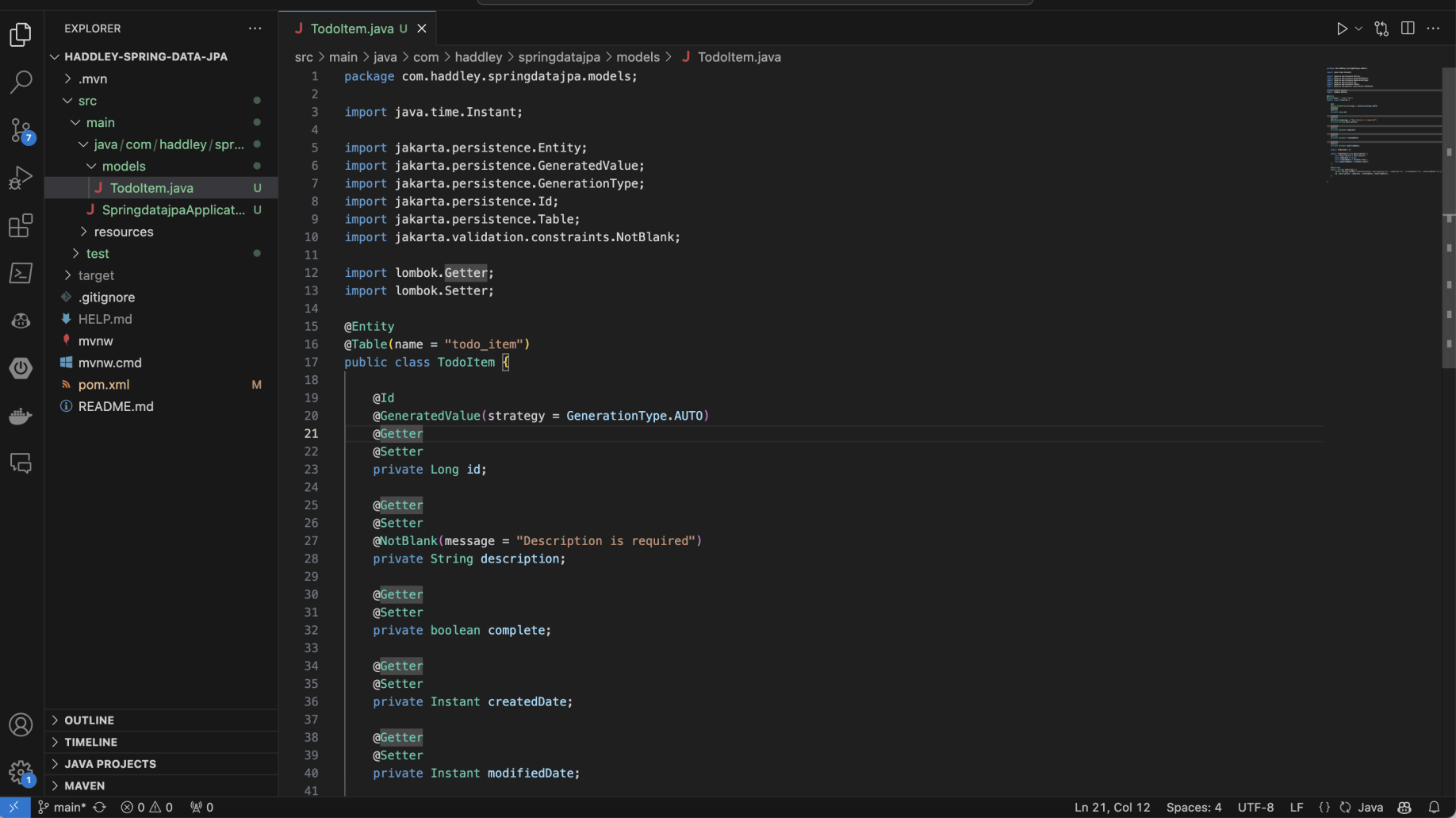 I created a TodoItem Java class
