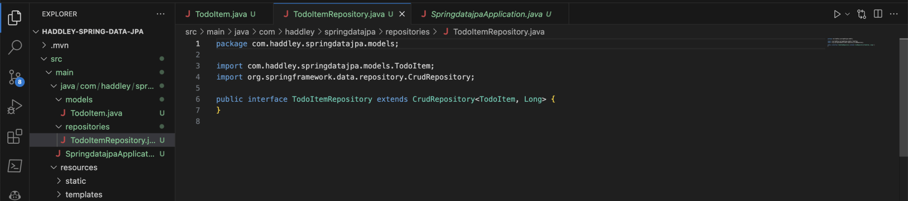 I created a Spring Data JPA repository interface (based on the TodoItem class)