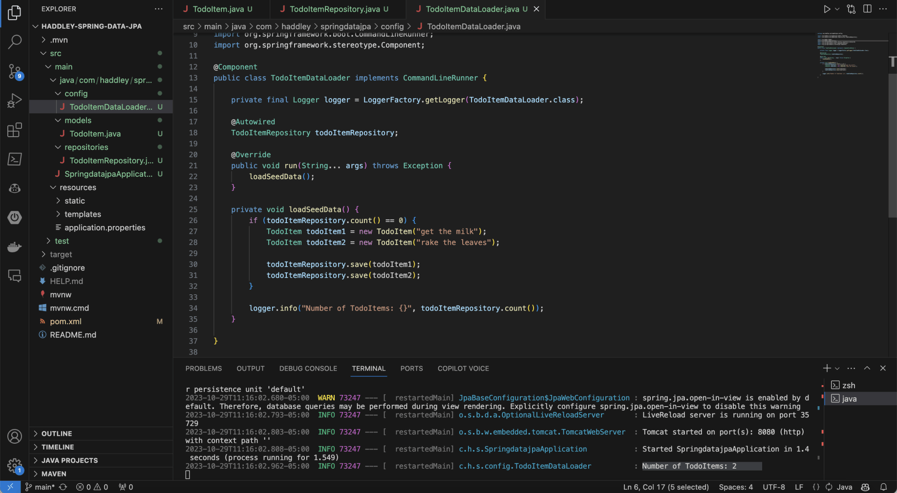 I created a TodoItemDataLoader to ensure that if the repository was empty two new TodoItems would be added as the application started