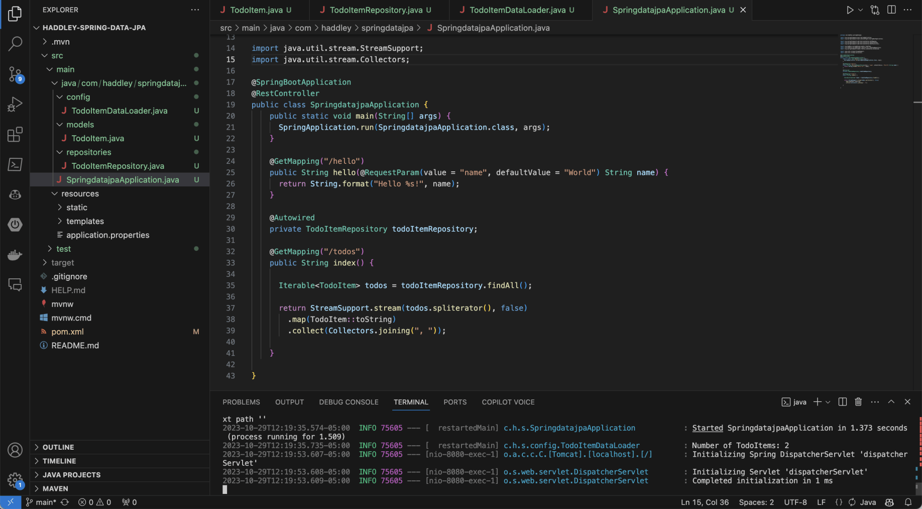 I updated SpringdatajpaApplication.java to return all of the TodoItems in response to http://localhost/hello requests