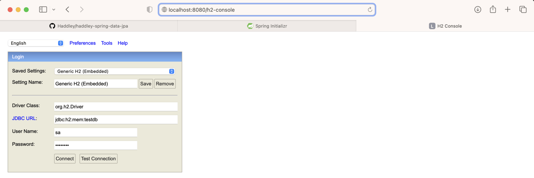 I accessed the h2 console (using values jdbc:h2:mem:testdb, sa and password)