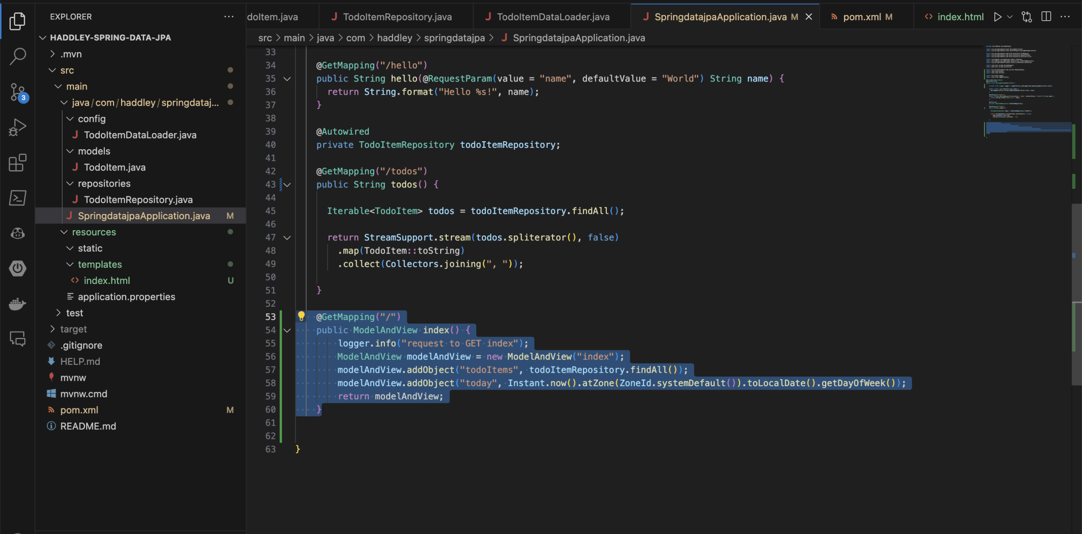 I updated the controller to populate the fetch the todo items and to pass them and the current day of the week to the thymeleaf view.