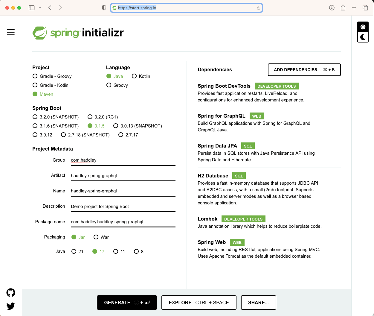 I used spring initializr to create a new project