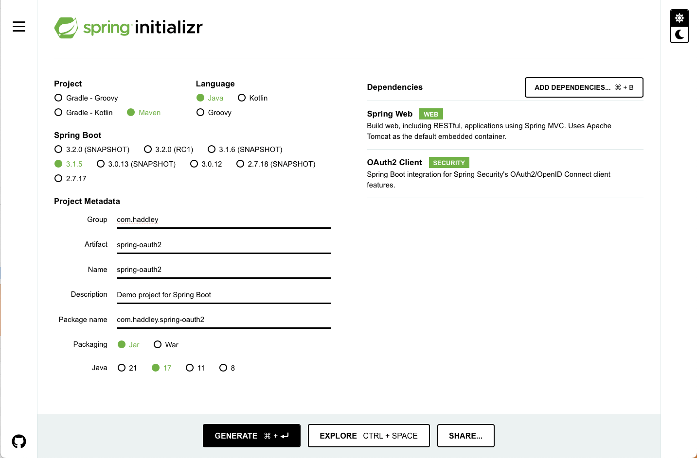 I used spring initializr to create a new project with a dependency on Spring Web and OAuth2 Client