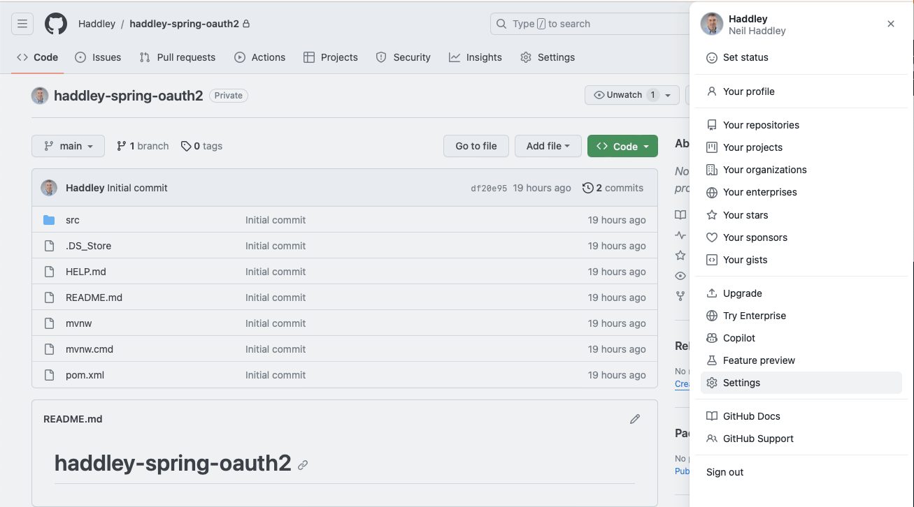 I logged into my GitHub account and clicked on the Settings menu item