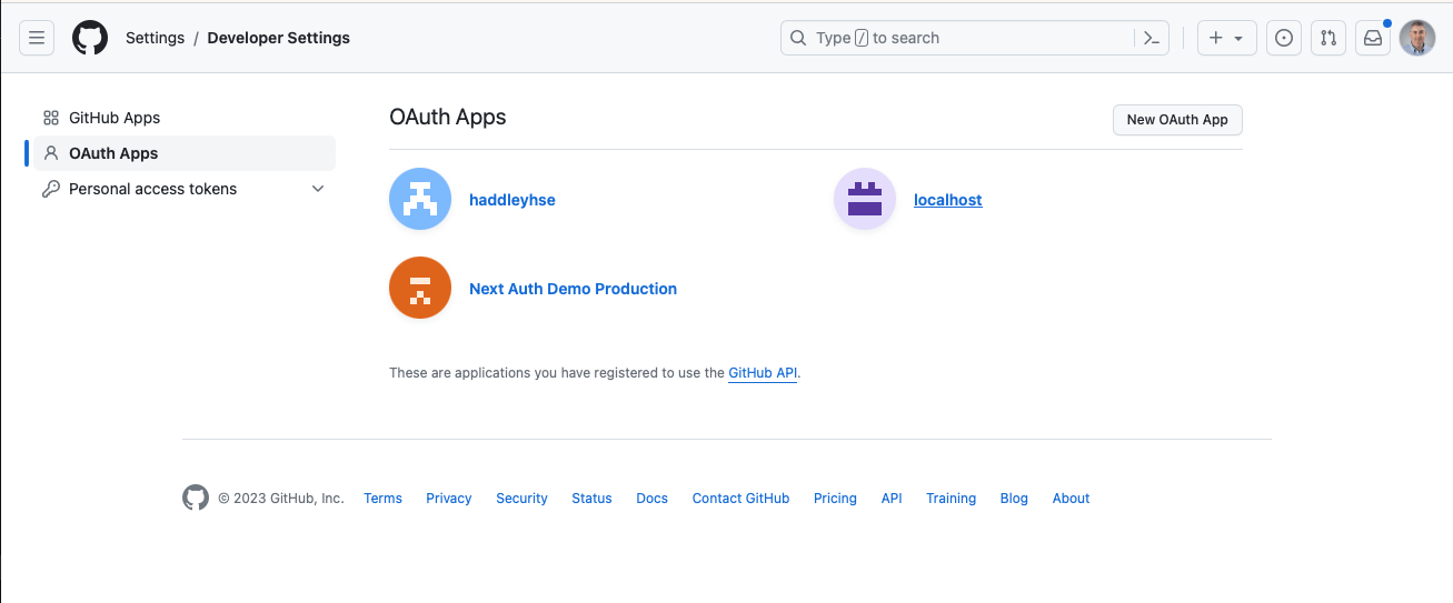 I selected the existing localhost OAuth application (if it had not already existed I would have created it)
