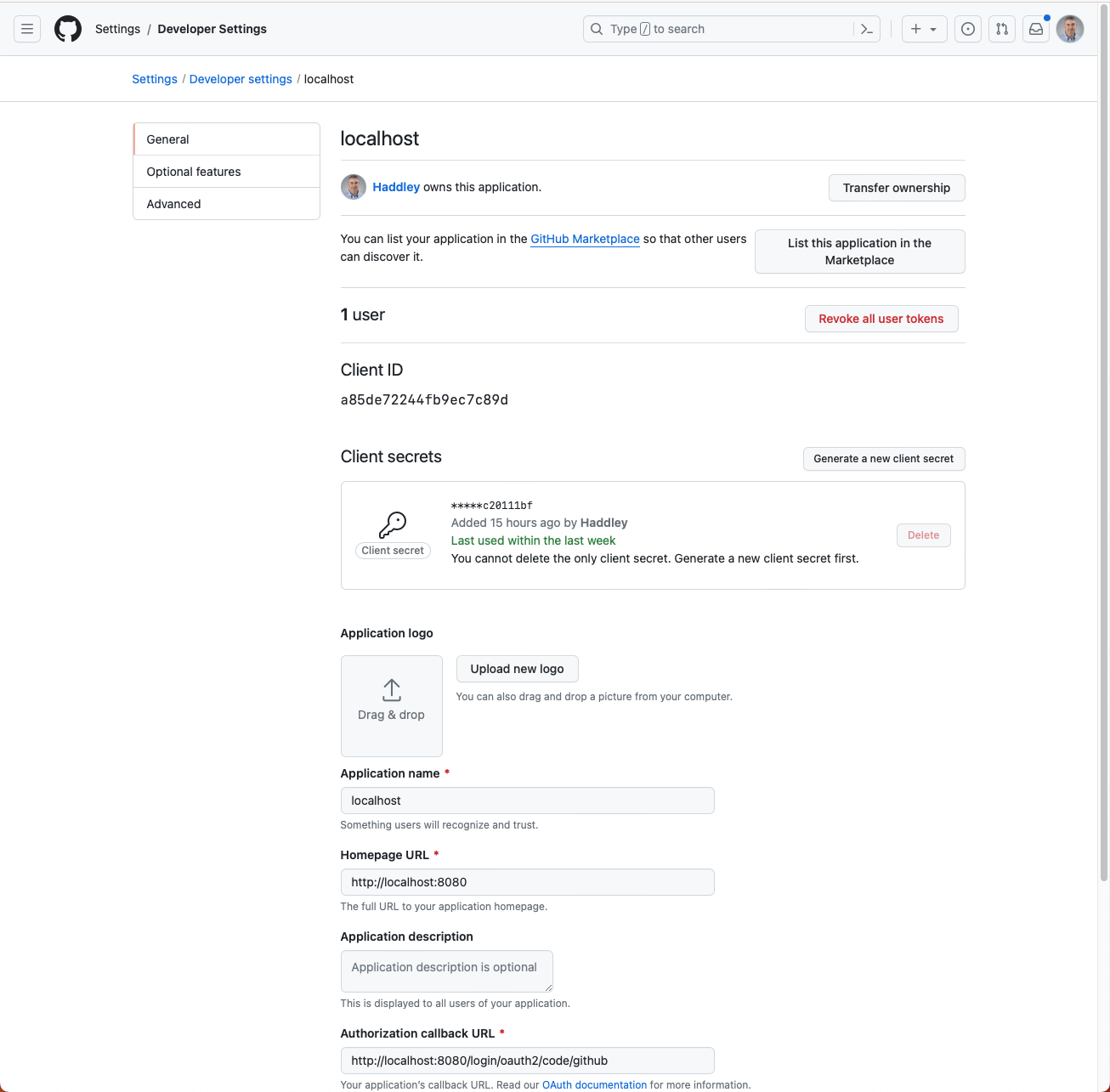 I updated the Authorization callback URL and took a note of the Client ID and a newly generated Client Secret