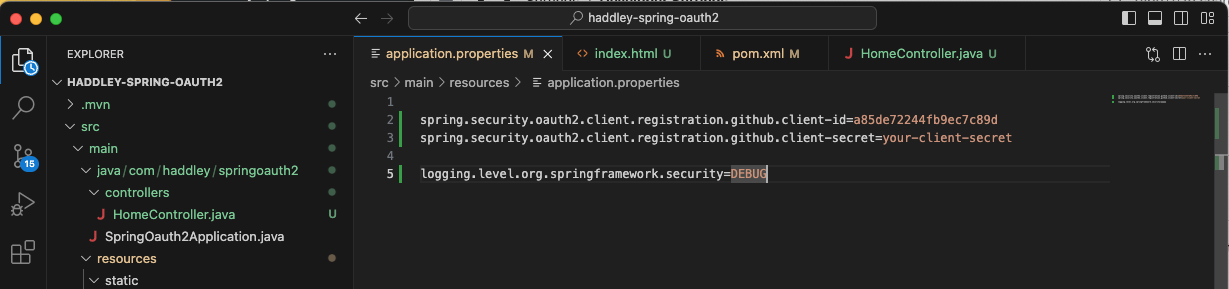 I added the github.client-id and a github.client-secret values to my application.properties file