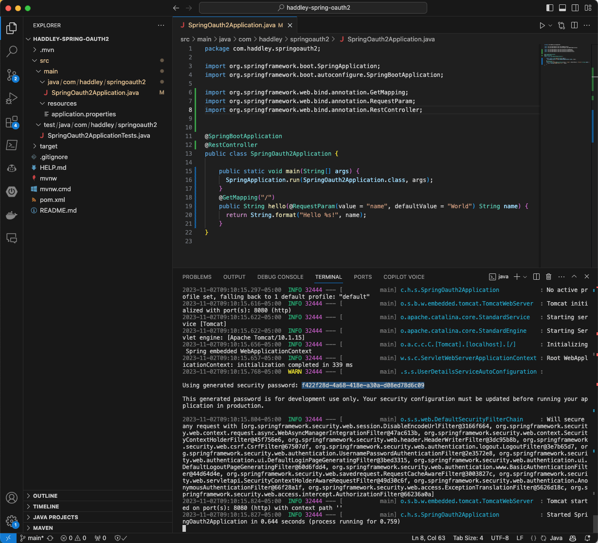 I made a small change to the SpringOauth2Application.java file (see above) and ran the project.The project generated a temporary password