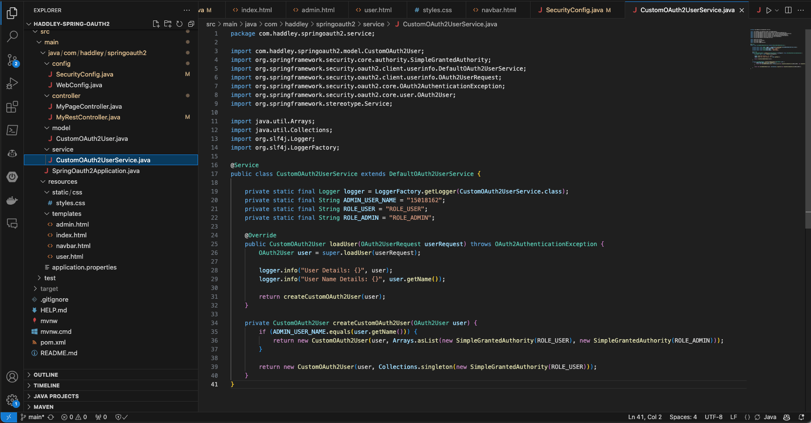 I created a service that assigns security Roles to users (user with GitHub ID=15018162 is the only ADMIN)