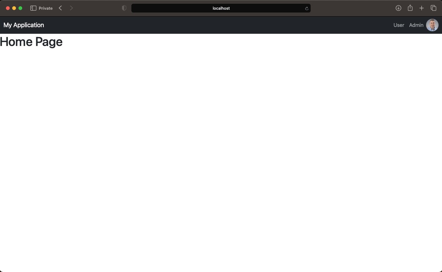 Home view with User Menu Item, Admin Menu Item and User Avatar.