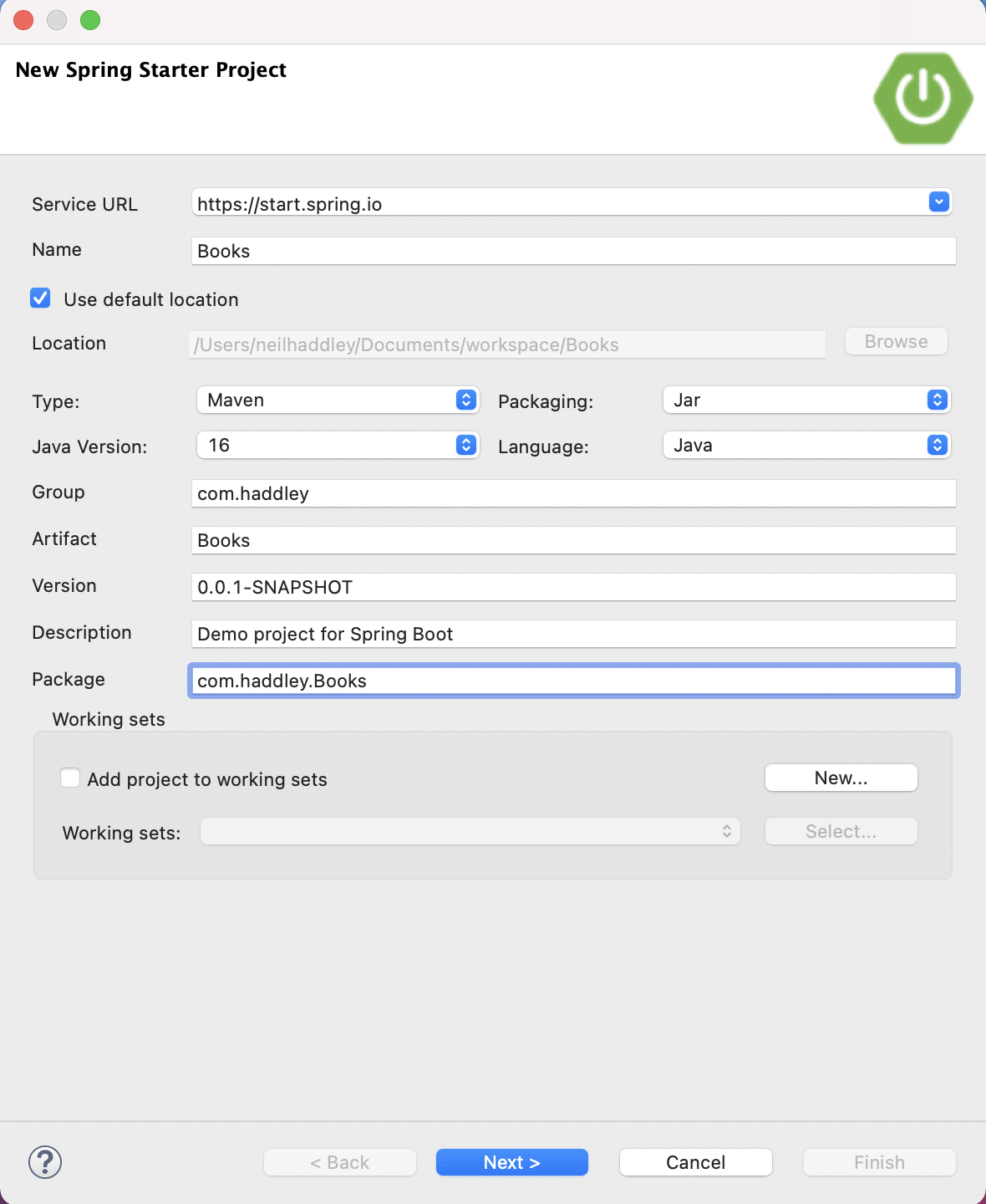 Enter the project name and package details