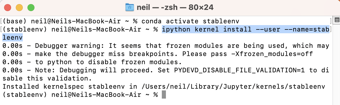 I added jupyter labs support to the environmentipython kernel install --user --name=stableenv