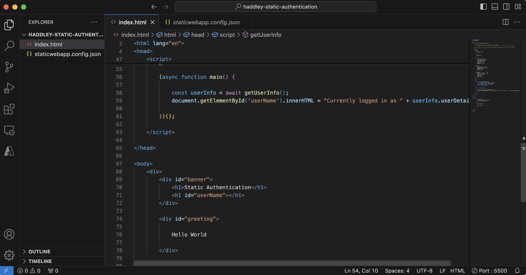I created an index.html file. I created a staticwebapp.config.json file.