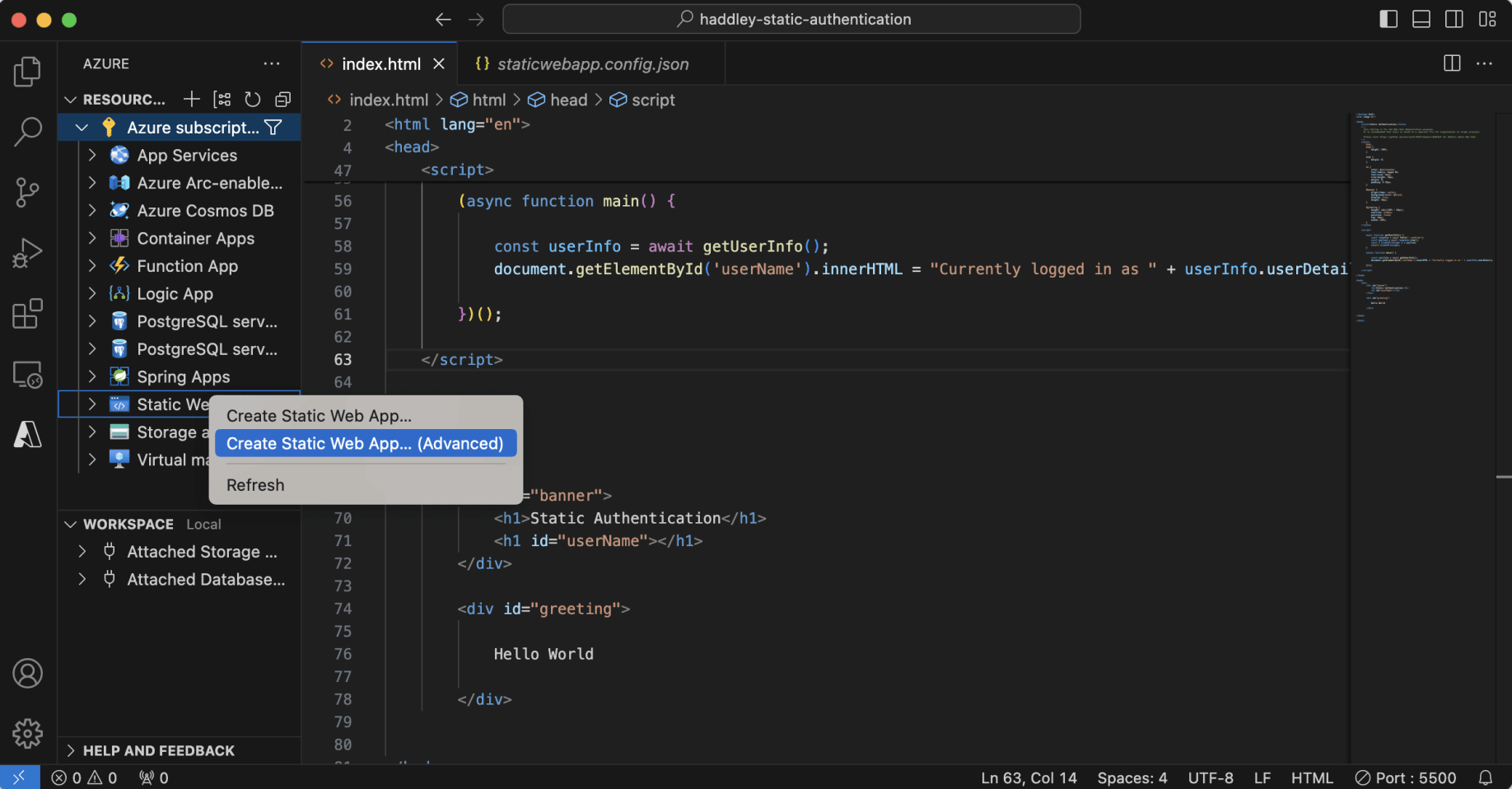 I right clicked the Static Web App icon and selected the "Create Static Web App... (Advanced)" option