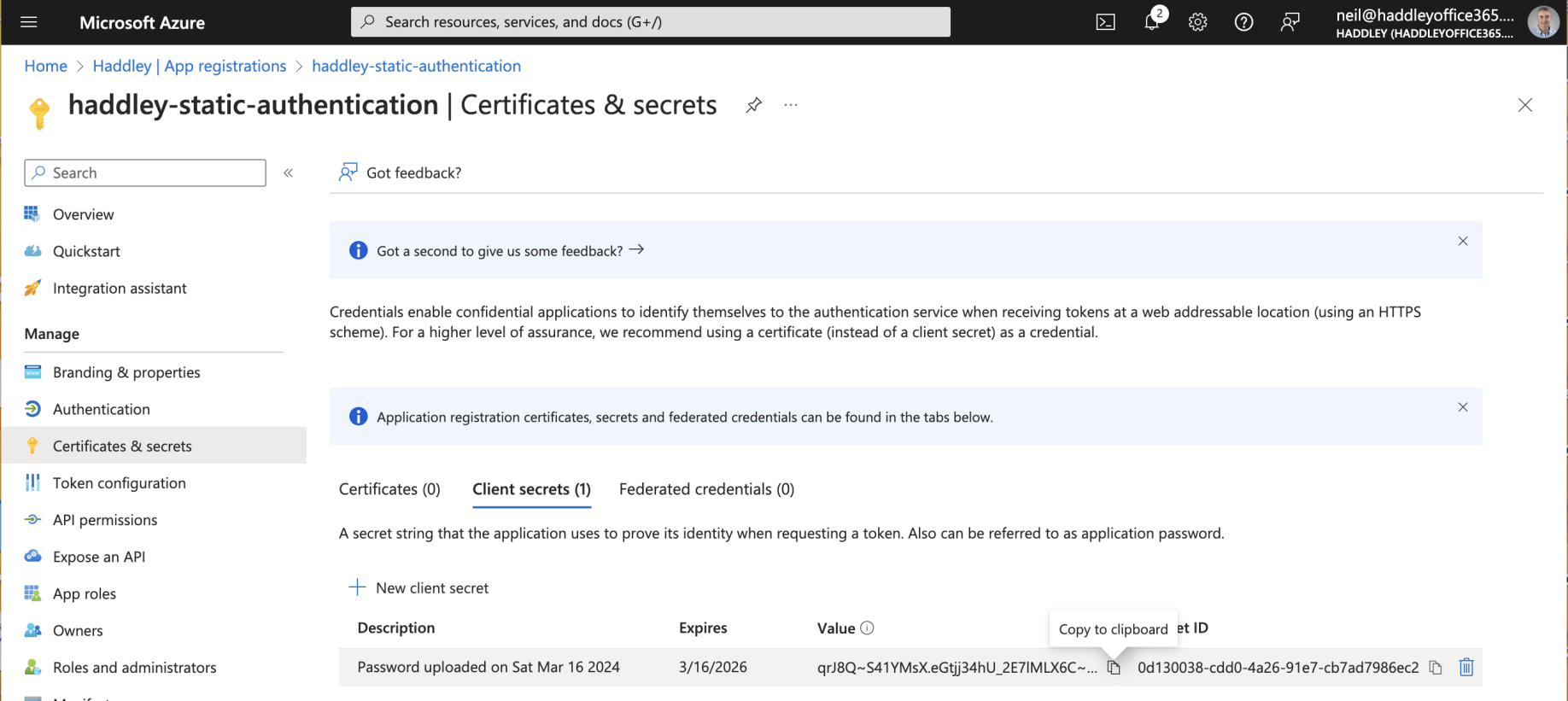 I copied the Client Secret value