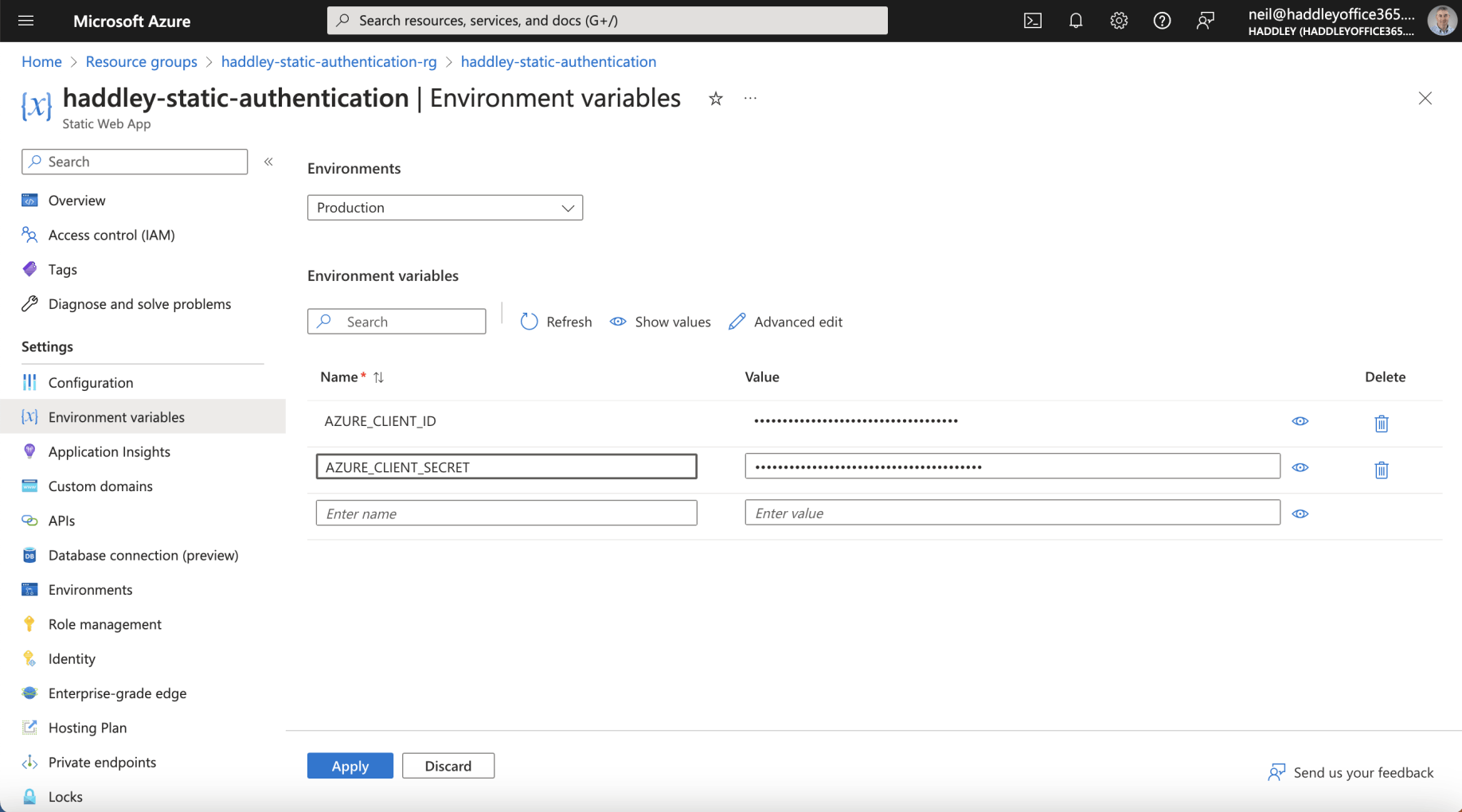 I created an application Environment Variable called AZURE_CLIENT_SECRET and pasted in the value