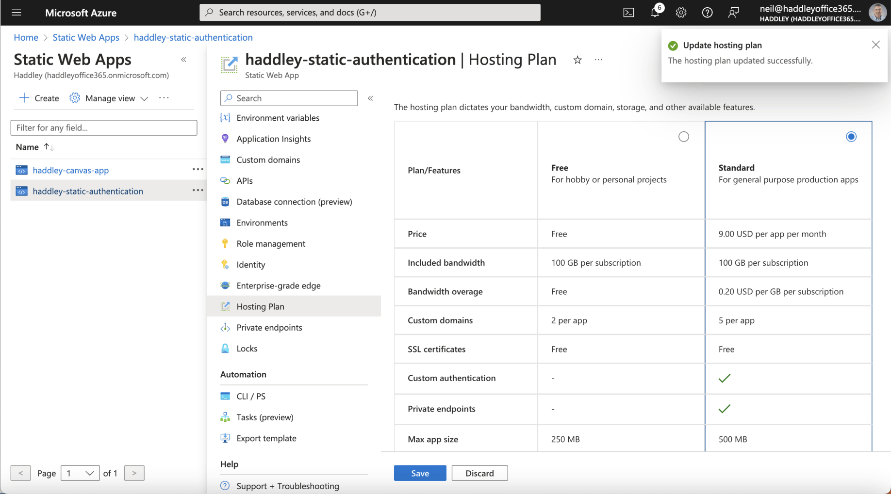 I upgraded the Static web app's hosting plan