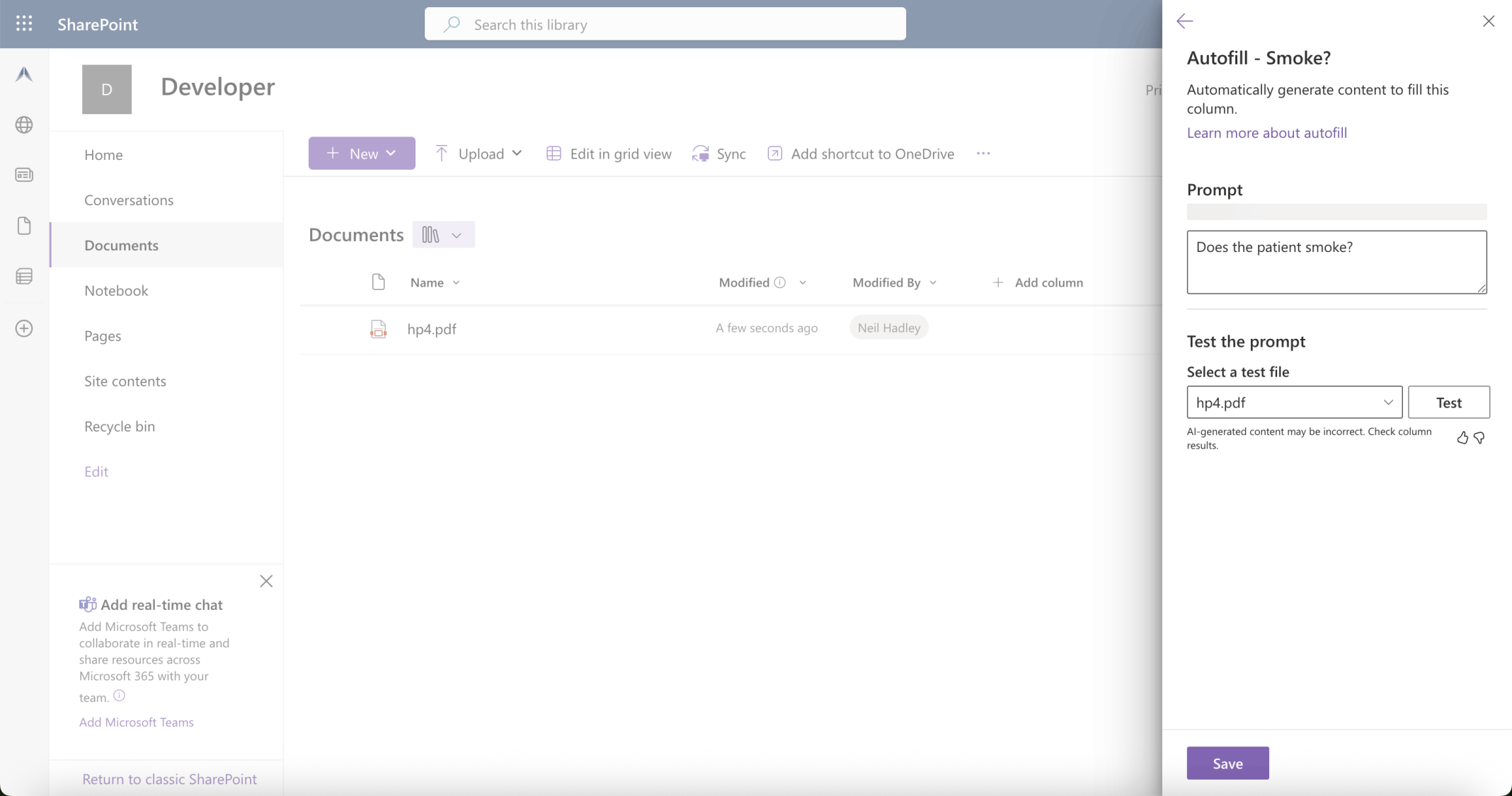 I uploaded a patient medical report to a SharePoint Document Library. I clicked the + Add column button. I added a Smoke? column. I enabled the Autofill feature for this column. I added the Does the patient smoke? prompt.
