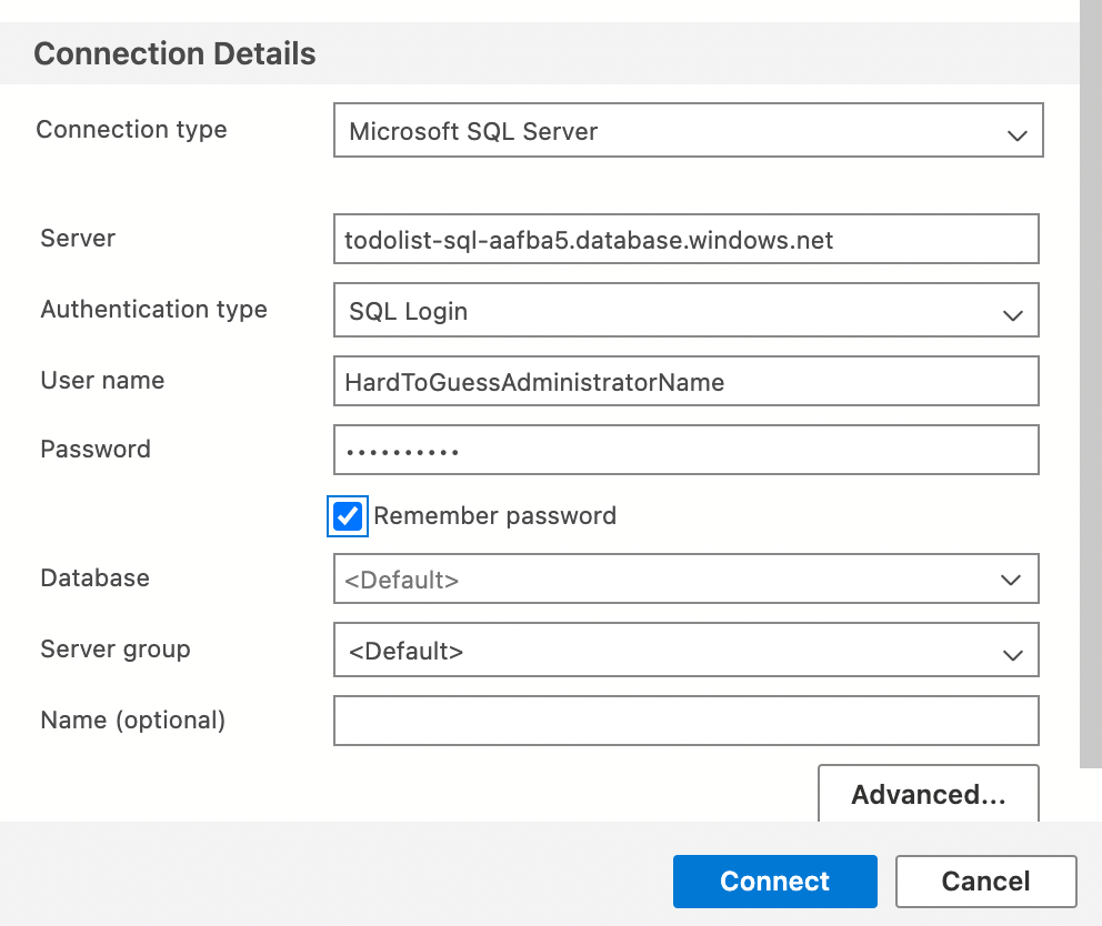 Open Azure Data Studio and enter SQL Server connection details