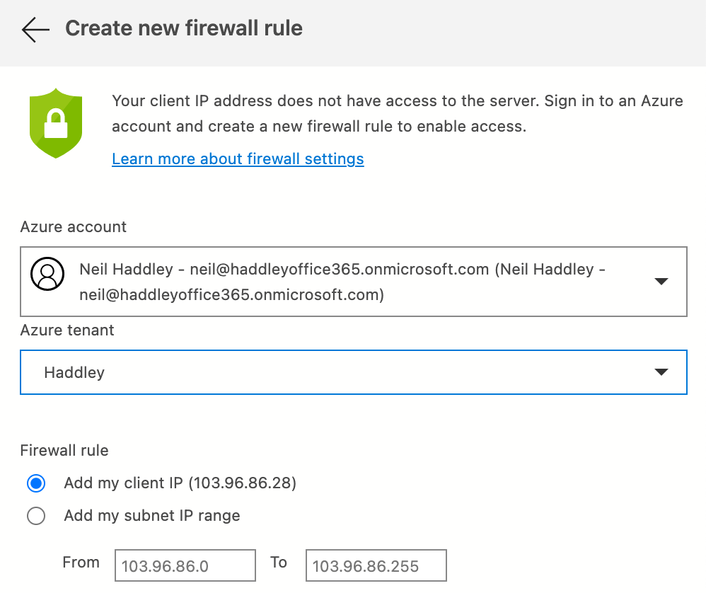 Ensure that Azure firewall rule is added