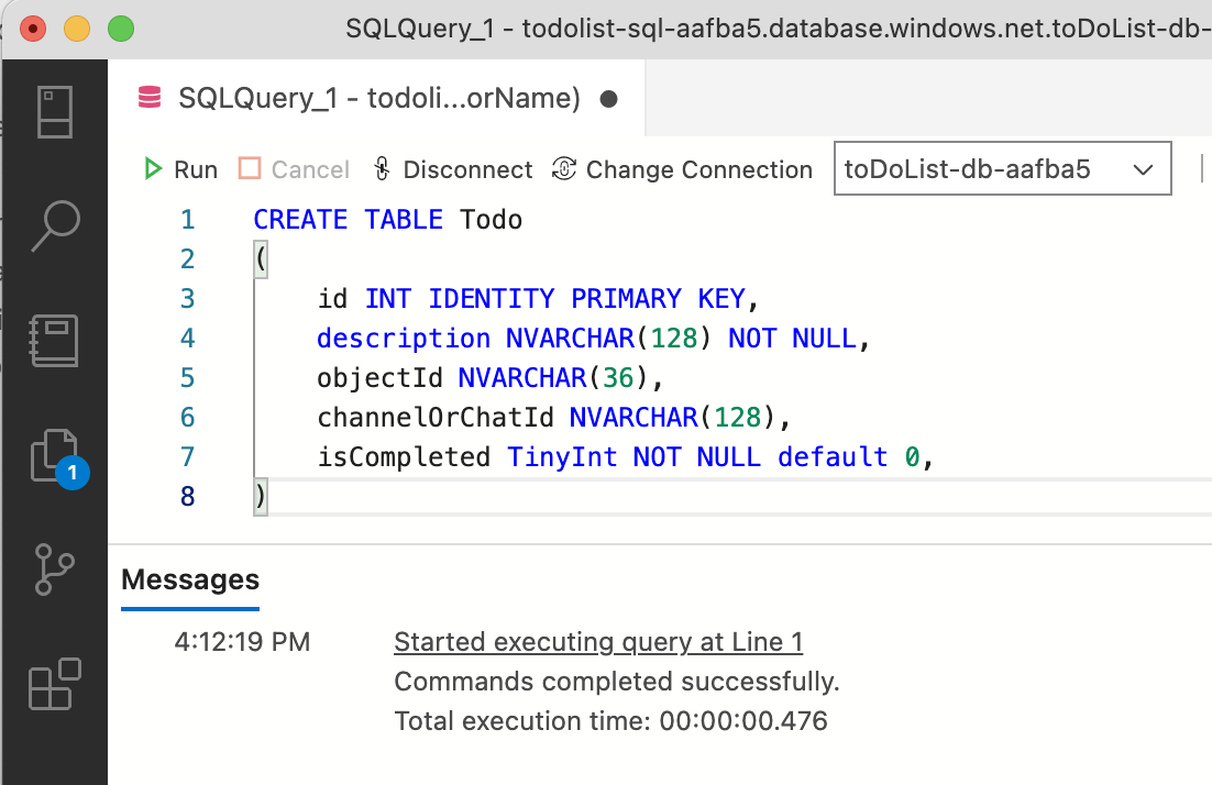 Use a Query tab in Azure Data Studio to create the Todo list