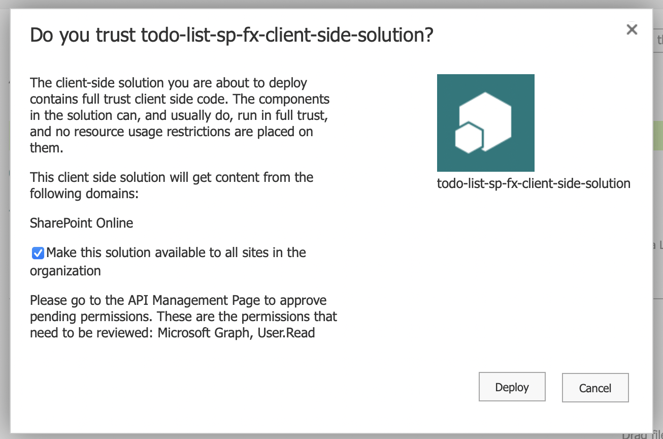 Ensure that "Make this solution available to all sites" is checked and Deploy