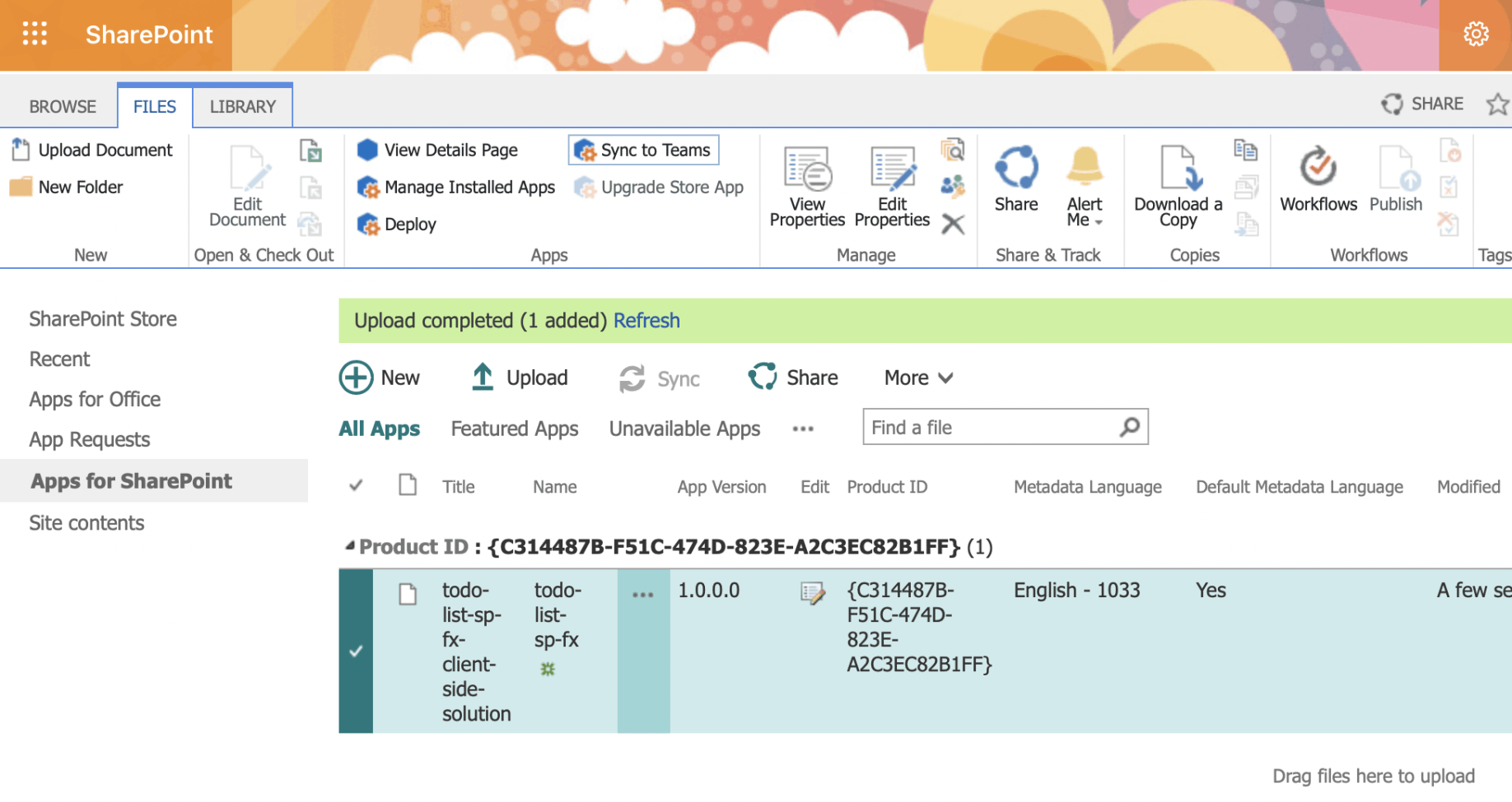 Select the app and click the "Sync to Teams" button in the SharePoint ribbon