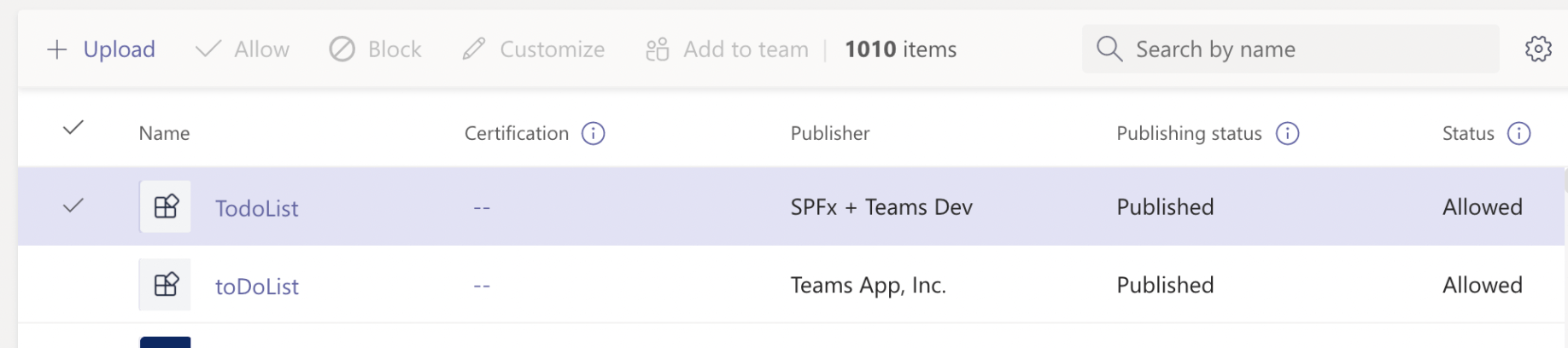 The TodoList SPFX app has been published.