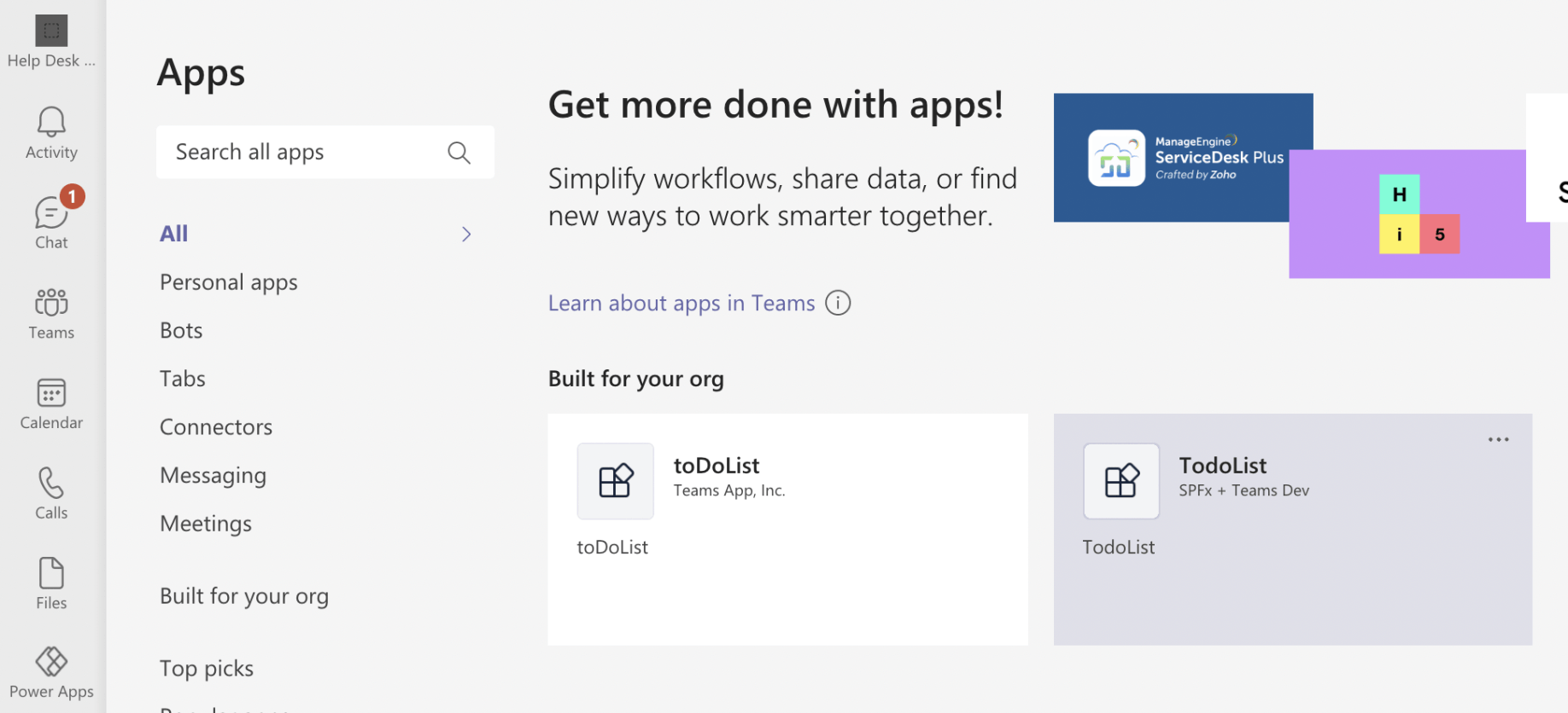 Open Teams and select the Apps item from left hand menu
