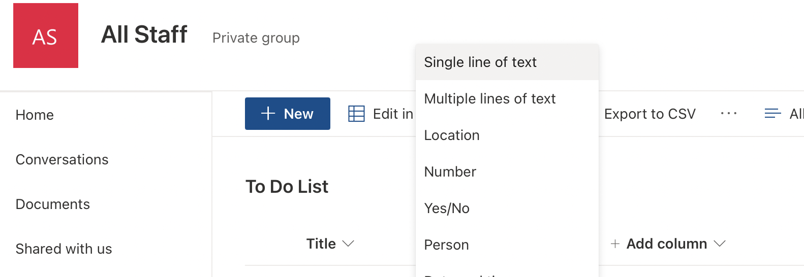 Add a "Single line of text" column