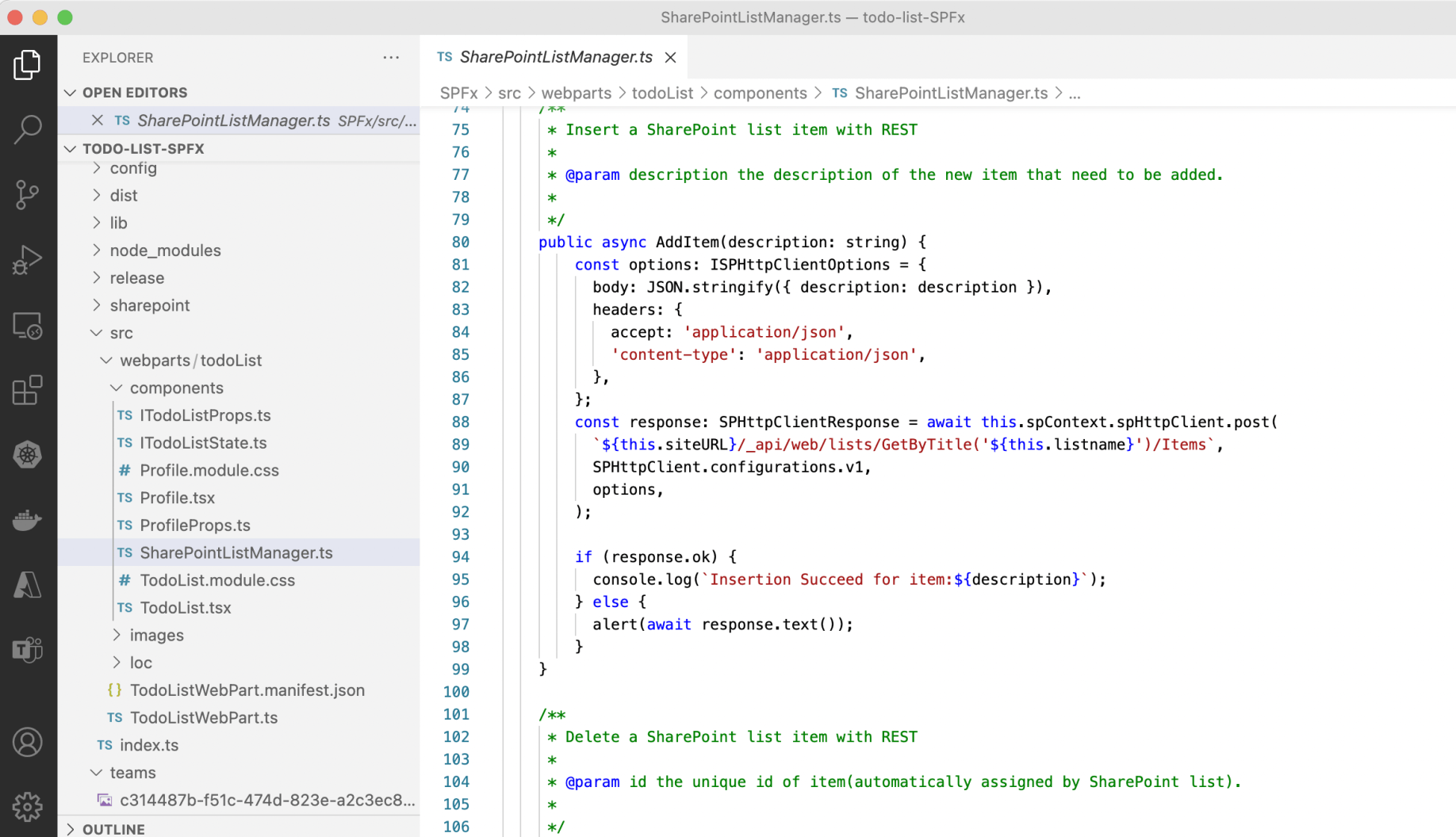 Code in SharePointListManager.ts communicates with SharePoint using well known REST methods