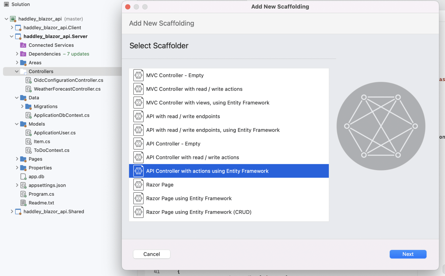 I selected the API Controller with actions using Entity Framework