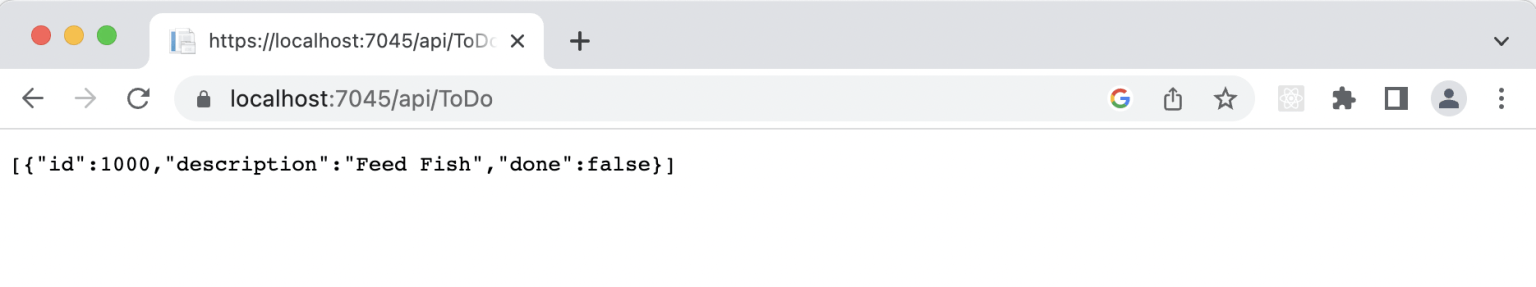 I tested the ToDo controller by navigating to /api/ToDo.
