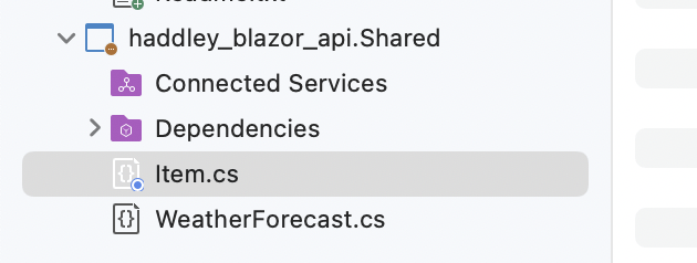 I moved the Item.cs file to the Shared project (so that it could be used by the Server and the Client projects.
