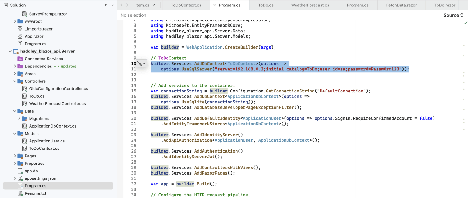 builder.Services.AddDbContext(options => options.UseSqlServer("server=192.168.0.3;initial catalog=ToDo;user id=sa;password=Passw0rd123"));