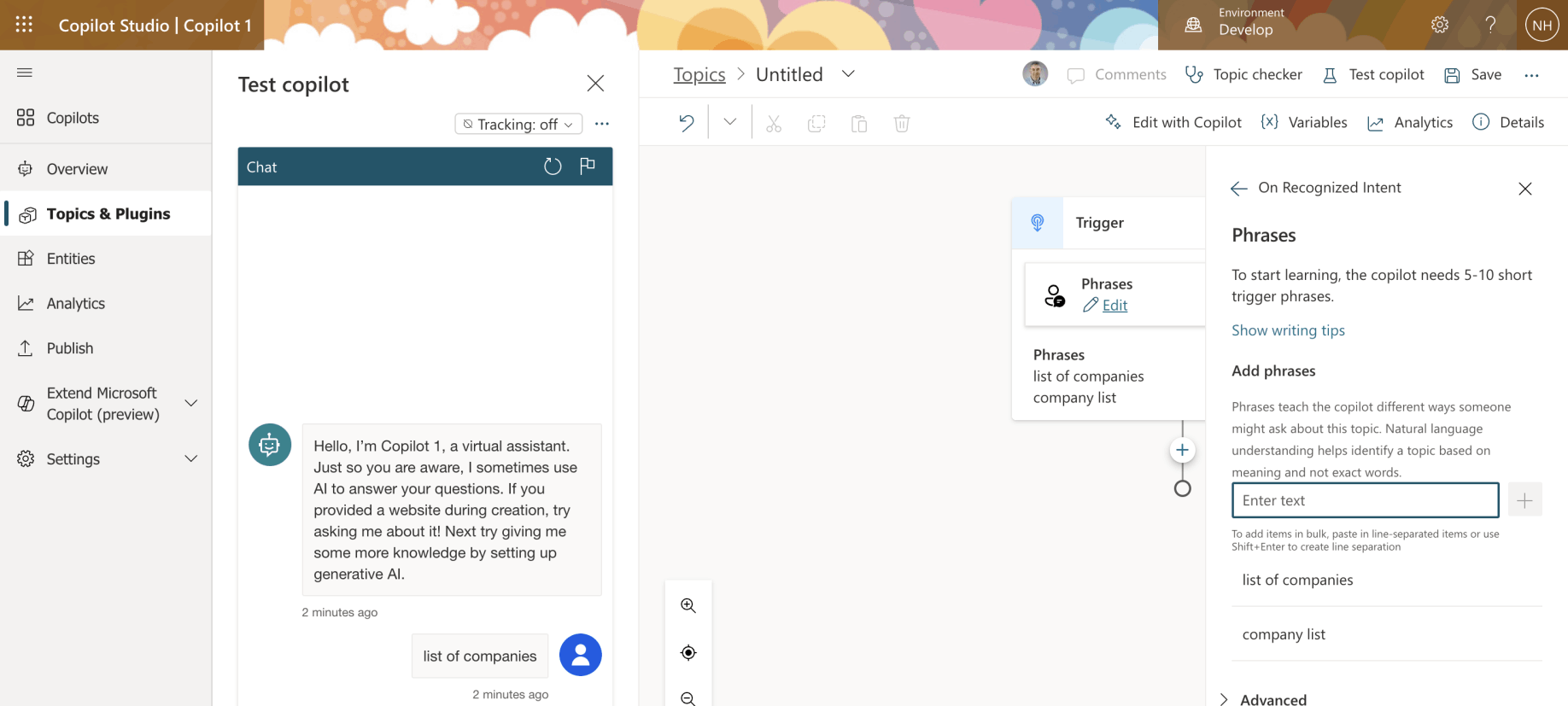 I added the Phrases "list of companies" and "company list"