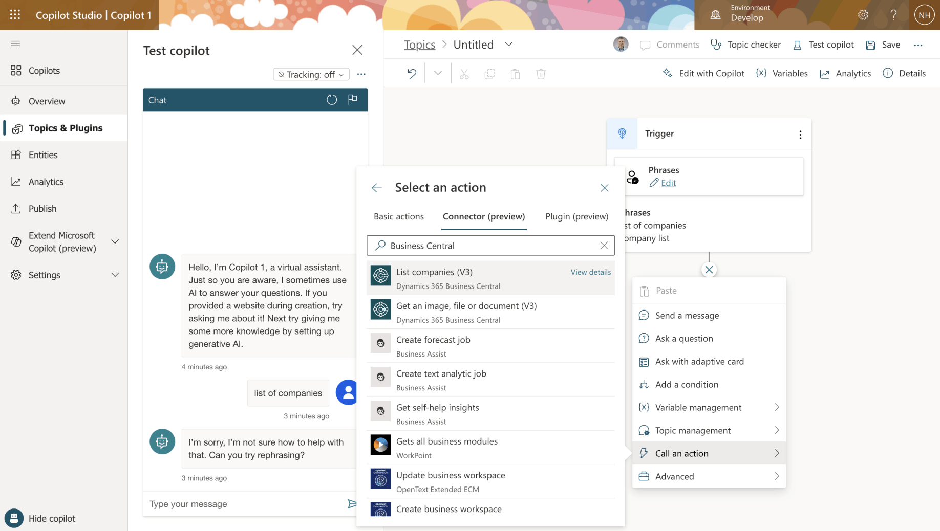 I selected Call an action|Connector (preview) and selected the "List companies (V3)" action