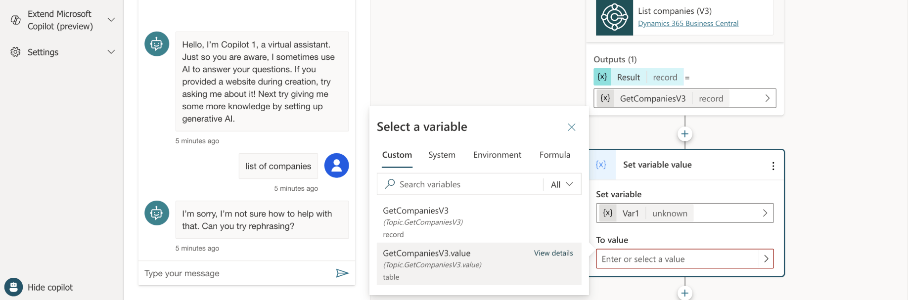 I set the variable name to Var1 and the value to GetCompaniesV3.value