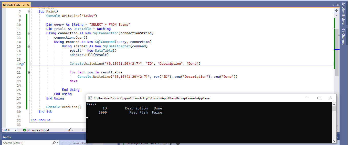 I updated the Console Application to connect to a database and display the contents of a Tasks table