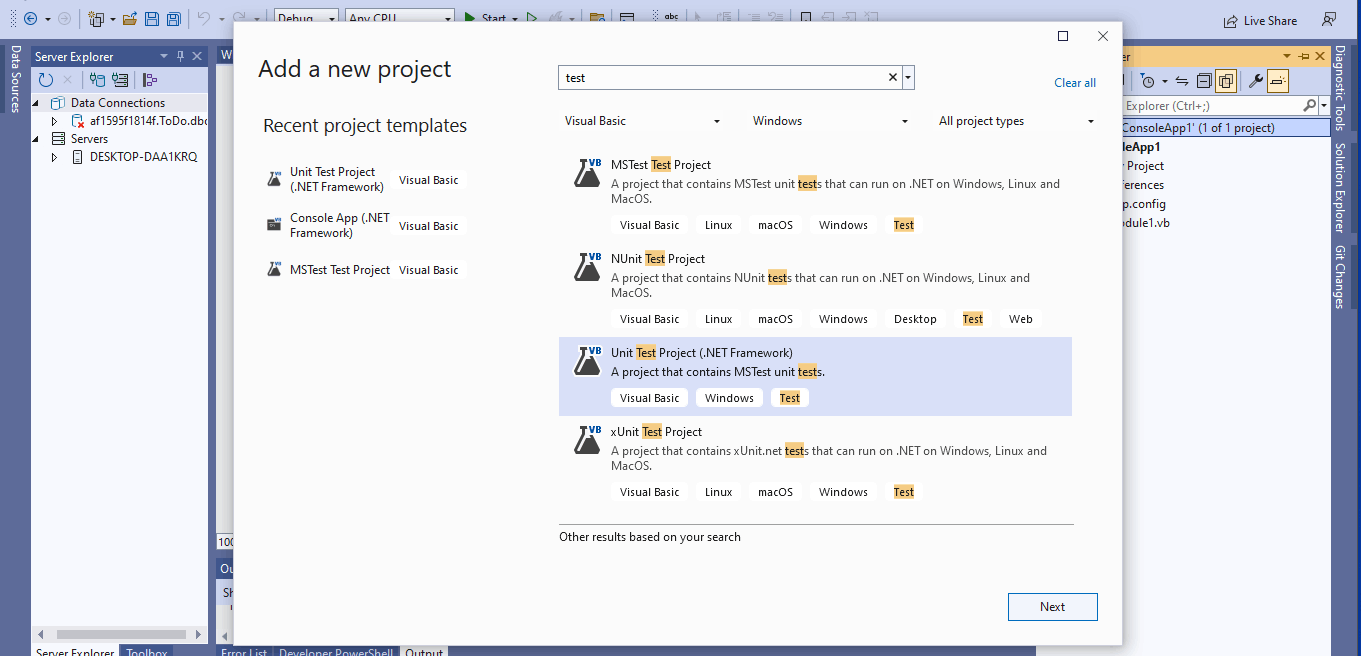 I added a second project to the solution. I selected the Unit Test Project (.NET Framework) template