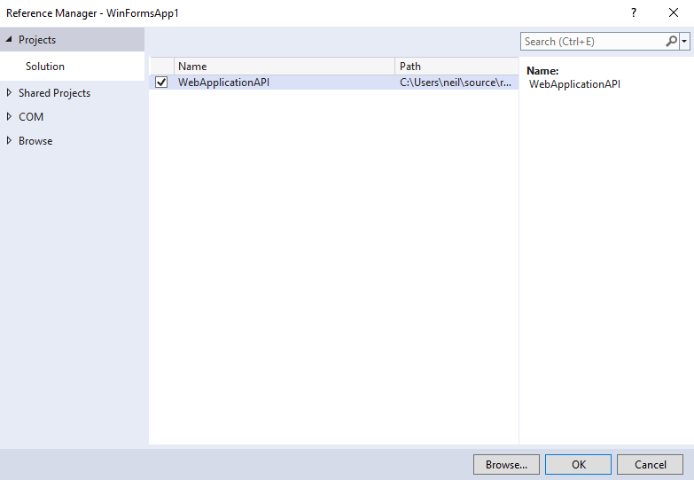 I selected the API project