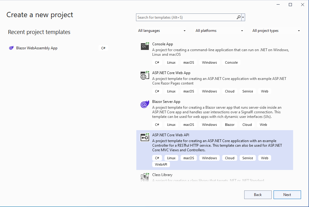 I selected the ASP.NET Core Web API template (with swagger)
