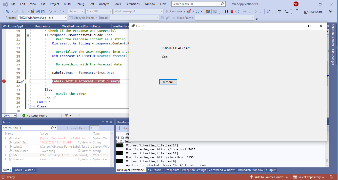 I added a button and two labels to the VB.NET WinForm screen and VB.NET code to call the API.