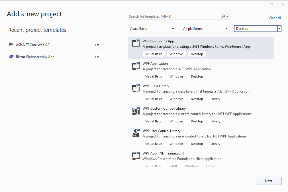 I selected the VB.NET Windows Forms App template
