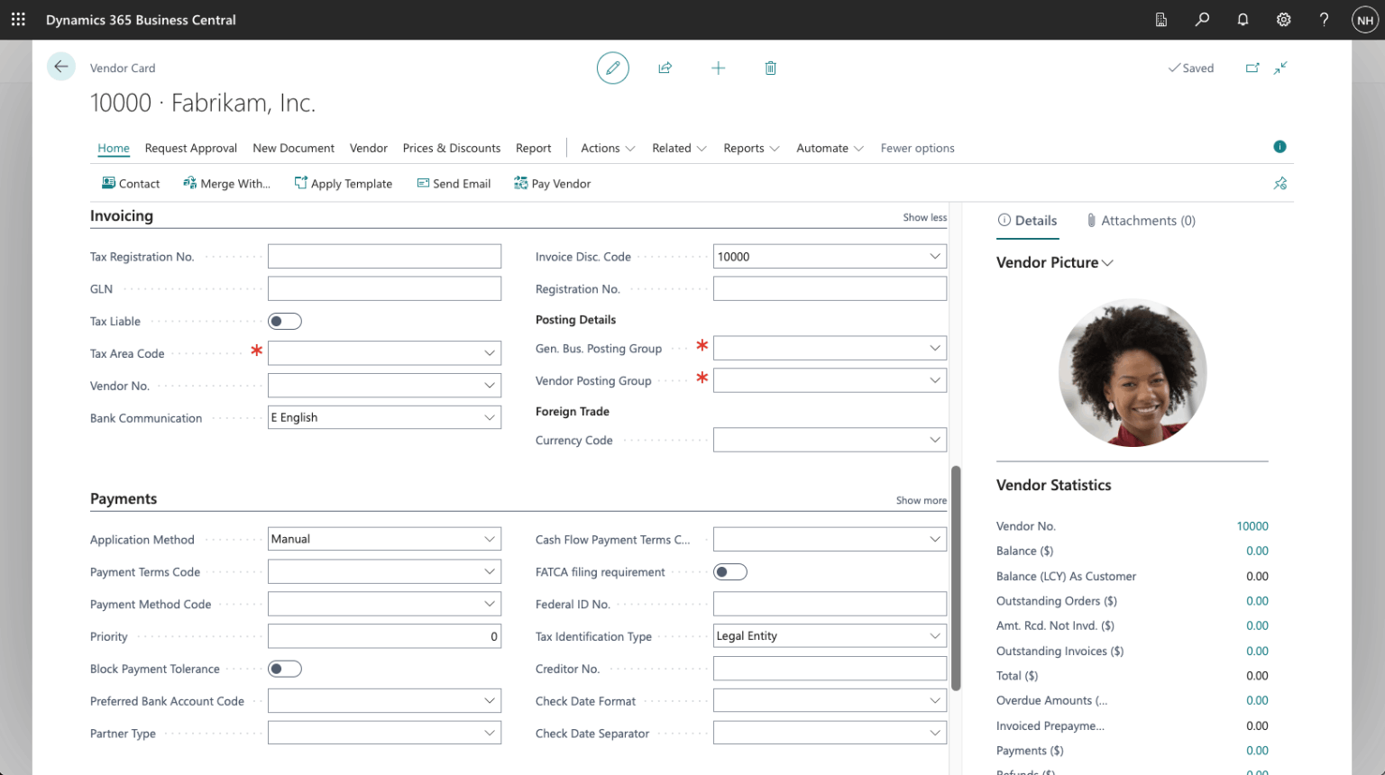 I reviewed the Invoicing tab for the new Vendor