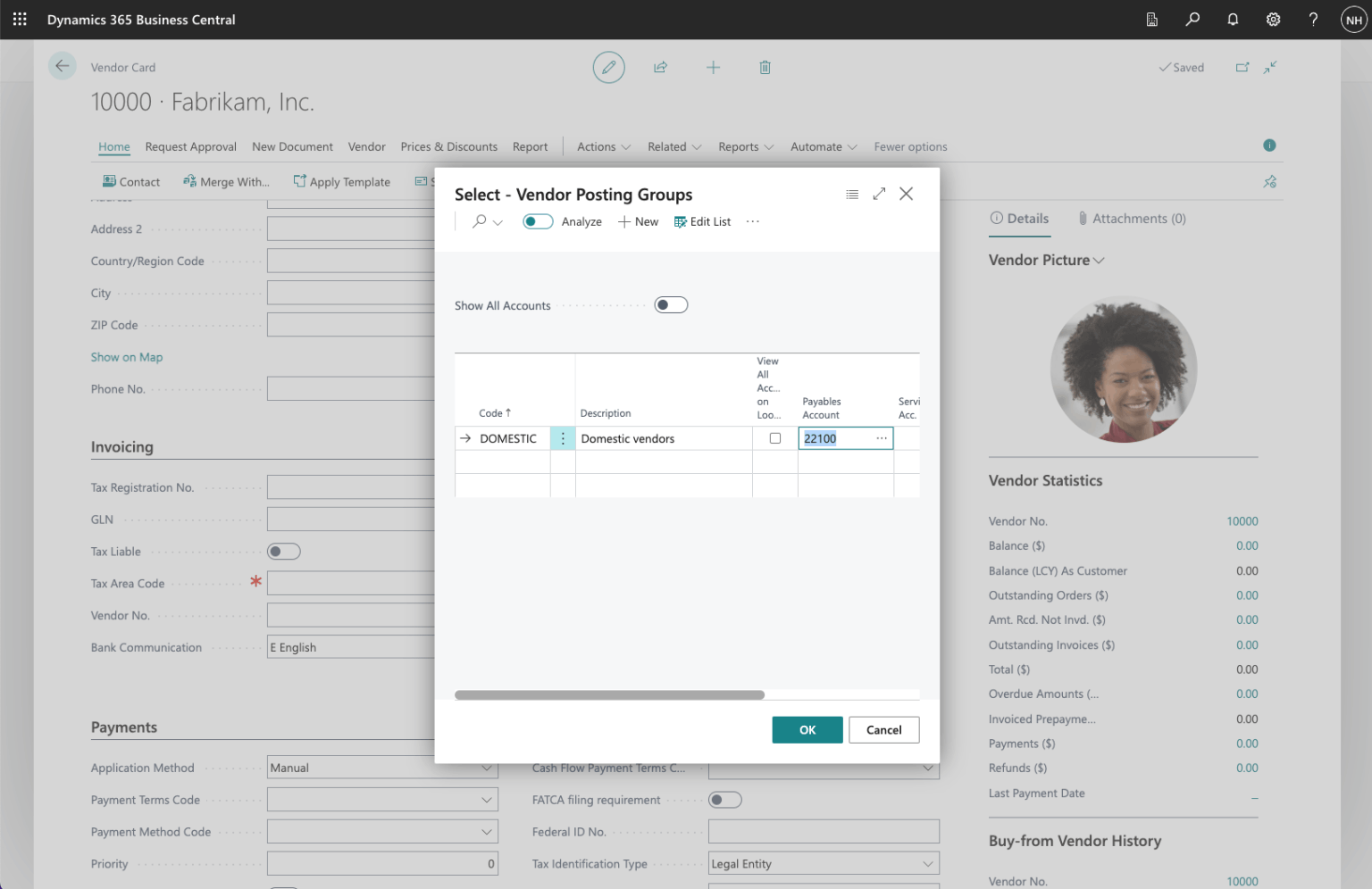 I added code DOMESTIC and set Payables Account to 22100 (Account Payable, Domestic)